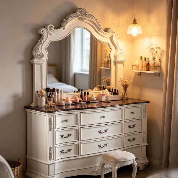 product-open-f830842be0d0454fb4bec913ad76aa00-goods Luxury White 1pc Dresser Dovetail Drawers Genuine Marble Top Bronze Round Knob and Hanging Pulls BedroomEasy to Install Storage Unit Ready to Use Out of Box