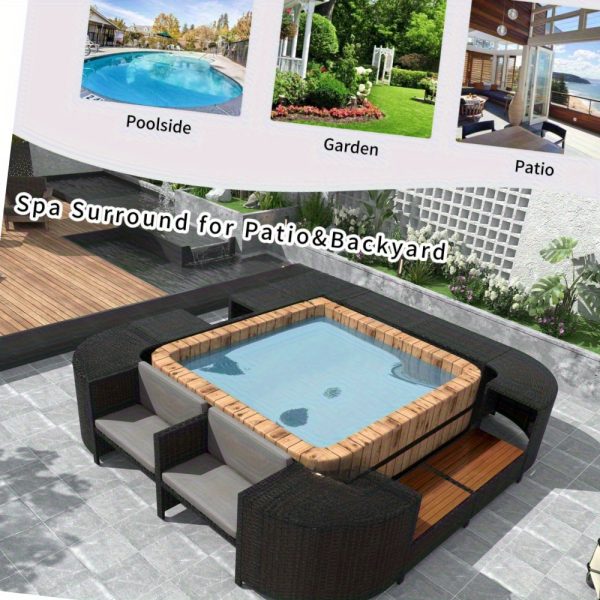 [Outdoor All Weather Sofa] Patio Rattan Sofa Set Spa Surround Spa Frame With Storage Spaces, Outdoor All Weather Round Conversation Sofa Set With Acacia Wood Seats And Waterproof Cushion, Free Combination