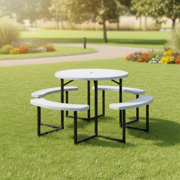 product-open-f8816d29a00e4cc49dc2be72f1e1318c-goods 8-Person Round Picnic Table Set, 37-Inch Outdoor Dining Table with 4 Curved Benches And Umbrella Hole, HDPE Top And Metal Frame, Circular Patio Camping Table for Backyard, Garden, Lawn, Porch