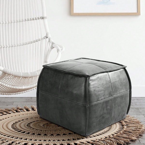 Leather Ottoman, Handmade Stuffed Square Ottoman, Genuine Leather Pouf, Foot Rest Pouf, Comfortable Soft Seating for Living Room& Bedroom(Brown, Black, Grey, Square)