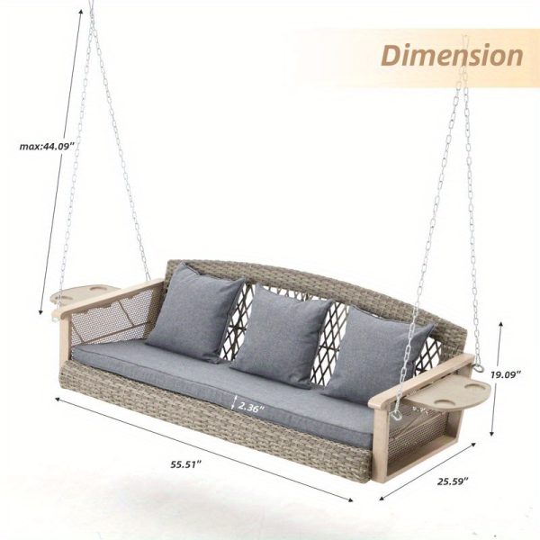 product-open-f937ac873c964378bb3c88e0ebe505ba-goods Gray 3-Person Wicker Porch Swing Featuring a 1.5-Foot Cup Holder, a 55-Inch Patio Hanging Swing Bench Complete with Cushions, And a Weight Capacity of 800 Pounds