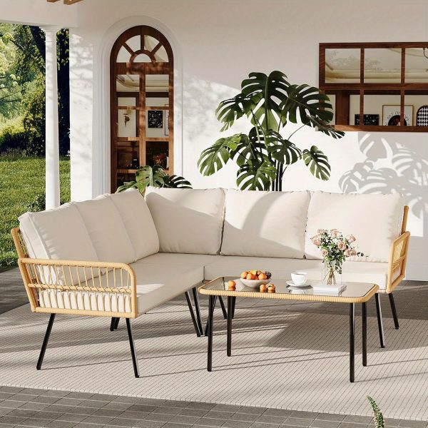 product-open-f9d16449b74b482dad181b63d8cb1d9a-goods Senfot 4pcs Outdoor Patio Furniture Set with Table, All-Weather Boho Wicker Rattan Patio Sectional L-Shaped Sofa, Metal Frame, Detachable Cushions, for Patio, Balcony, Backyard, Deck, Beige