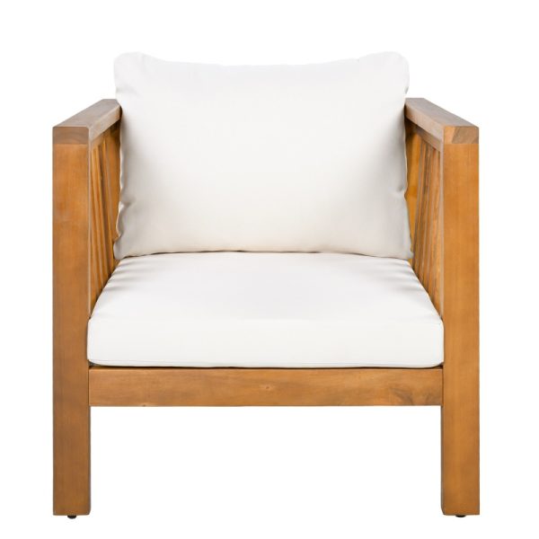 product-open-fa09c25d22284536906dc236fd8d2ba7-goods Outdoor Acacia Wood Club Chair with Modern Square Arms, Patio Chair with Thick Cushion, Adjustable Leveling Feet for Poolside, Backyard And Deck, Beige Cushion