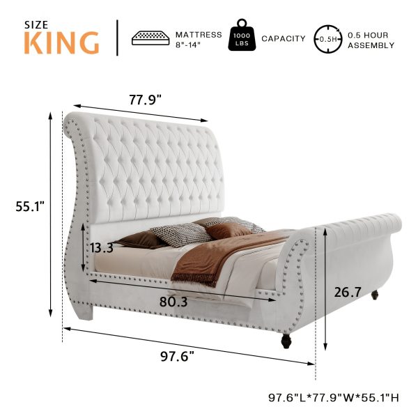 product-open-fa61d68cf1d94e3da3041a9ab1c26ccb-goods Luxurious Velvet Upholstered Sleigh Bed with Elegantly Scrolled Headboard and Footboard, Featuring a Button-Tufted Base, Box Spring Not Needed