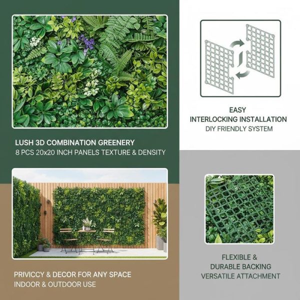 product-open-fa83eb9cfbb54b61904d69fb5309f8e0-goods Faux Boxwood Hedge 20X20In for Garden Privacy Ivy Fence Interior Wall Decor, 8pcs 3D Greenery Foliage Screen Backdrop Interlocking Grid Panels