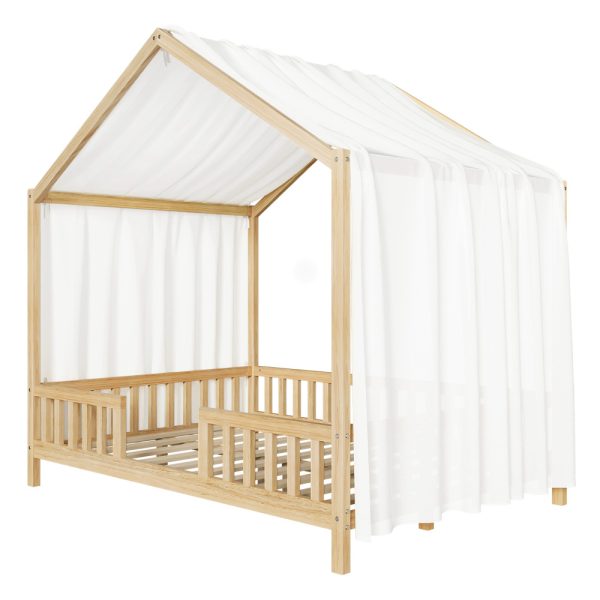 product-open-fbce9b27503a40278e5929330f4baa29-goods Full Bed Frame for Kids, House Shape Bed Frame with High Railings, Wood Kids Bed with Roof, Kid Full Bed, Natural