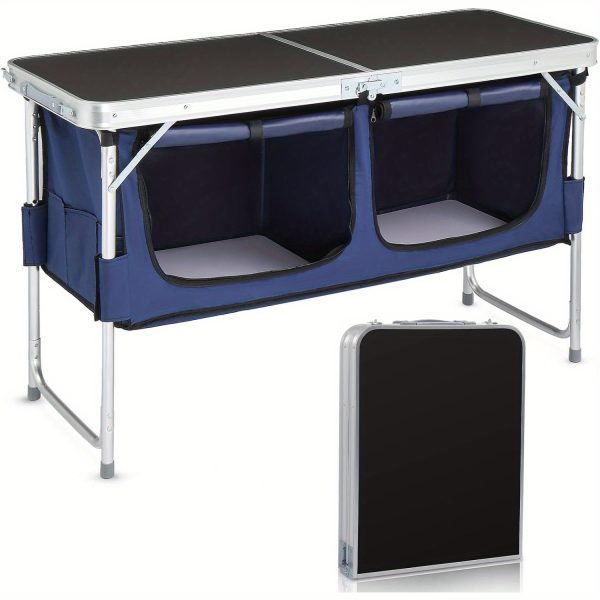 product-open-fc1a03cdb3014a878a7db59473672073-goods Bonnlo 4ft Folding Table with Storage Aluminum Camping Picnic Table Adjustable Height for Outdoor Beach BBQ Backyards Travel Party Garden Patio Folding Dining Table Black/ White Foldable Table Camping Gear and Equipment