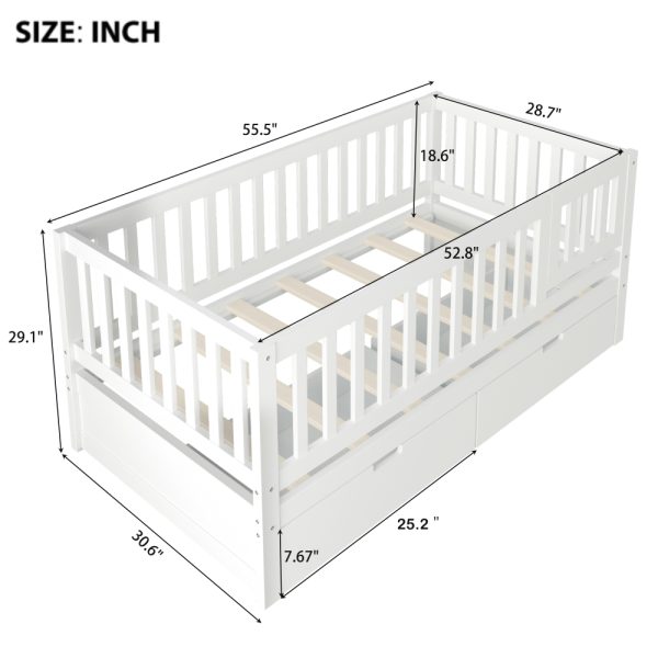 Convertible Bed with Storage Drawers, 3-In-1 Solid Wood Kids Daybed with Removable Guardrails, Compatible with Standard US Mattresses, White