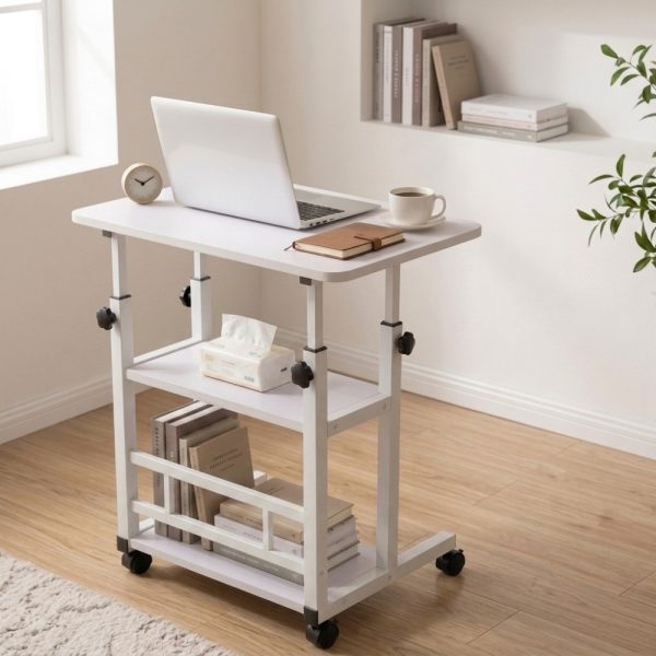 product-open-fcaafb39e2e04ac1b4cc5b9daf7193da-goods Height Adjustable Computer Desk with Storage Shelf and Wheels, Mobile Rolling Desk for Home Office, Small Space Study Workstation Desk