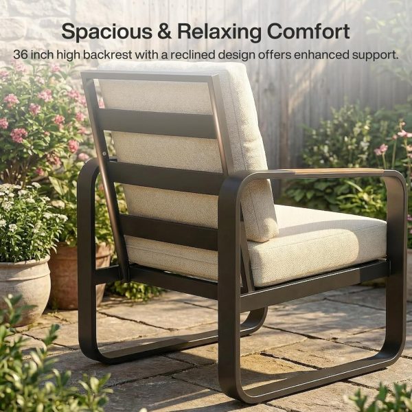 Outdoor Patio Lounge Chair with Beige Cushions, Black Aluminum Frame, Wood Armrests, Modern Style, Ideal Fathers Day Gift