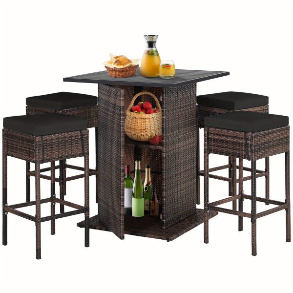 product-open-fd20db7d5355468c99be6c492509ebb0-goods LIFEZEAL 5pcs Outdoor Patio Rattan Bar Table and 4 Stools with Hidden Storage Shelf, Cushion Chairs - -Weather PE Rattan & Frame, Red/Black/Navy/Beige Wicker Furniture for Poolside,, Backyard (Complete Set)