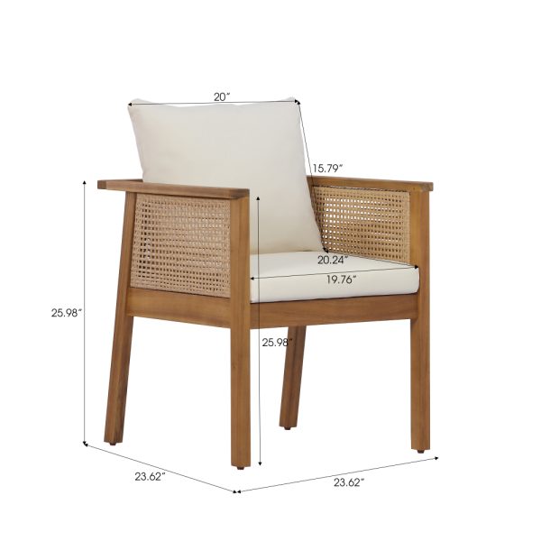 product-open-fd697603564a4067b515555fff78f0b2-goods Set of 2 Outdoor Acacia Wood Dining Chairs - Patio Armchair with Natural Rattan Backrest, Cream Washable Cushion, Non-Slip Feet for Backyard Poolside Garden