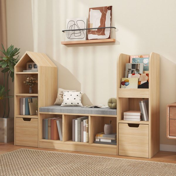 product-open-fe2fe0f43a4049bb9393758686d0e472-goods Nordic Style Bookcase with Reading Nook | Space-Saving Storage Cabinet with 7 Cubbies, 2 Movable Drawers & Seat Cushion, Multifunctional Organizer for Living Room, Bedroom, Office, Wood Color, Hardwood Material, VABCHES Brand