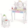 product-open-fe464087251b4a9f920d69d7adabd3a8-goods COSTWAY Kids Vanity Table & Chair Set, Princess Makeup Dressing Table w/ 360° Rotating Tri-fold Mirror & Cute Strawberry Prints, 2 in 1 Vanity Set Writing Desk w/ 3 Drawers & 2 Storage Grids