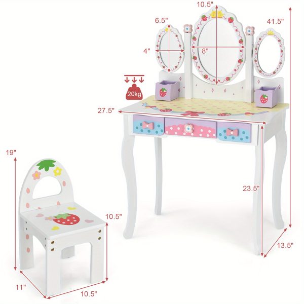 product-open-fe464087251b4a9f920d69d7adabd3a8-goods COSTWAY Kids Vanity Table & Chair Set, Princess Makeup Dressing Table w/ 360° Rotating Tri-fold Mirror & Cute Strawberry Prints, 2 in 1 Vanity Set Writing Desk w/ 3 Drawers & 2 Storage Grids