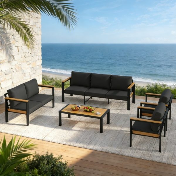 product-open-fea2ae68c4ec45e39754d5c39b38abd0-goods 5pcs Outdoor Patio Furniture Set for 7, Metal Conversation Seating with Coffee Table, Ideal for Porch, Balcony, Garden And Sunroom, Gray/Black