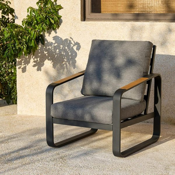 Outdoor Patio Lounge Chair with Beige Cushions, Black Aluminum Frame, Wood Armrests, Modern Style, Ideal Fathers Day Gift