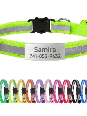 Custom Personalized Reflective Safety Cat Collar with Bell - Adjustable Kitten Buckle Collar, Custom Pet Name and Phone Number, Detachable Safety Buckle Cat Bell Collar