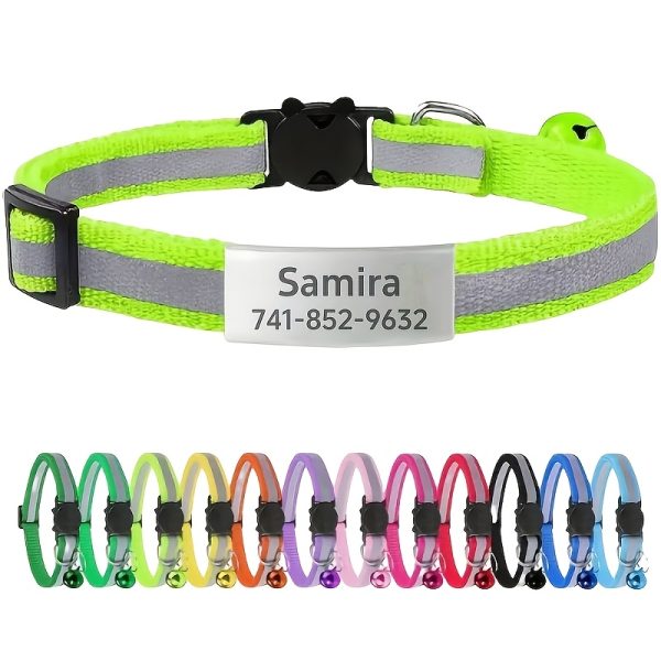 product-fancy-02e4a788-7207-45ff-a1e5-8542b0fddeb7 Custom Personalized Reflective Safety Cat Collar with Bell - Adjustable Kitten Buckle Collar, Custom Pet Name and Phone Number, Detachable Safety Buckle Cat Bell Collar