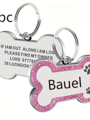1pc Personalized Glitter Dog Tag - Custom Engraved Bone ID Tag with Name and Text, Pink Sparkle Surface, Paw Print Design, Perfect for Dog Collars & Leashes