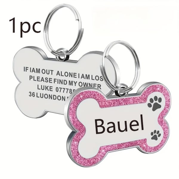 1pc Personalized Glitter Dog Tag - Custom Engraved Bone ID Tag with Name and Text, Pink Sparkle Surface, Paw Print Design, Perfect for Dog Collars & Leashes
