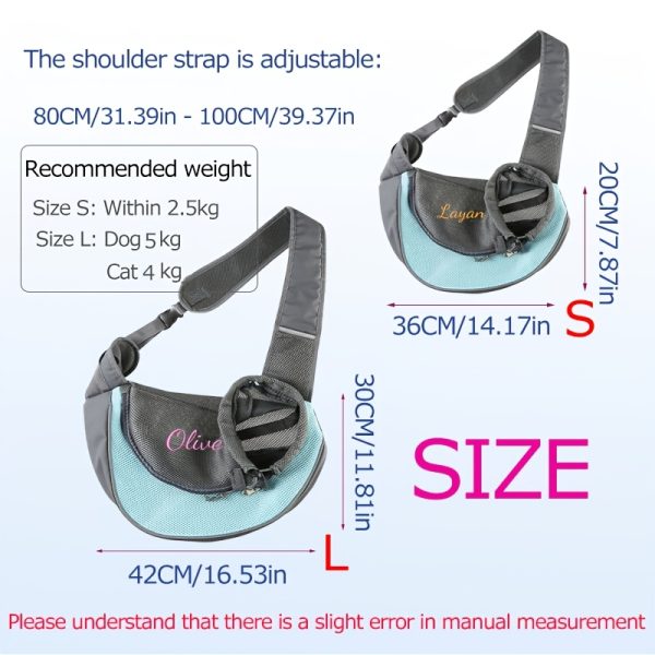 Custom Embroidered Pet Outing Shoulder Bag, Mesh Breathable Adjustable Shoulder Strap Cat and Dog Portable Carrier, Available in 5 Colors and 2 Sizes, Outdoor Pet Walking Bag, Cat and Dog Personal Carry Storage Bag, a Practical and Thoughtful Gift