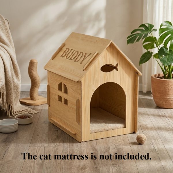 product-fancy-117beadf-14b9-4eeb-bb61-005c2967e775 Custom Engraved Pet Name Modular Assembled Wooden Indoor Cat House, Personalized Fish Cutout & Window Cozy Shelter, Rustic, Spacious Private Nest for Furry Friends, Unique Gift to Build Warm Exclusive Space for Beloved Cats