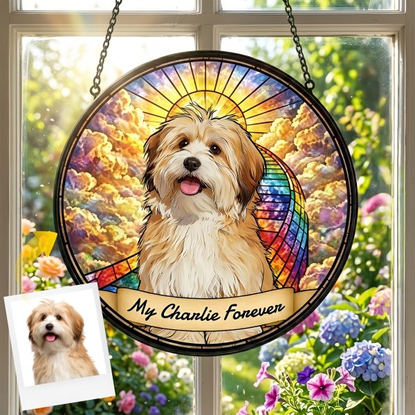 Personalized Dog Portrait Stained Sun Catcher - Custom Pet Memorial Gift with Your Dog' Name & Photo/Text, Suitable for Pet Lovers, Window Hanging Decor for,, or Pet Store Display - Sentimental