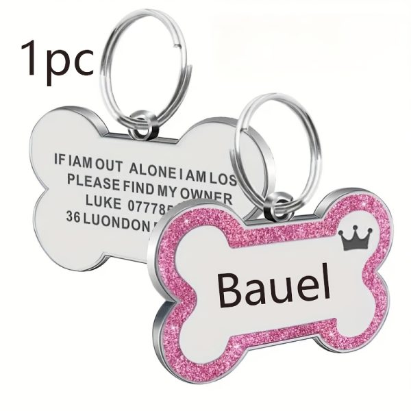 1pc Personalized Glitter Dog Tag - Custom Engraved Bone ID Tag with Name and Text, Pink Sparkle Surface, Paw Print Design, Perfect for Dog Collars & Leashes