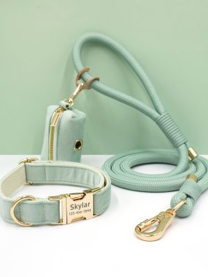 Customizable Soft and Comfortable Velvet Pet Dog Collar with High-Tensile Zinc Alloy Hook Buckle, Hand-Woven Round Rope Waste Bag Set. Free Laser Engraving of Pet Dog's Name and Owner's Phone Number. Dog Birthday Gift, Wedding Gift, Christmas Gift