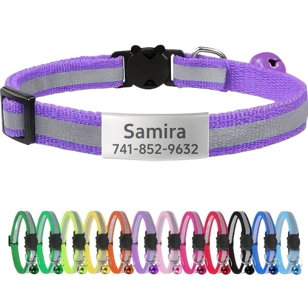 product-fancy-6a590fc8-8154-4f2b-8459-c57a07d50095 Custom Personalized Reflective Safety Cat Collar with Bell - Adjustable Kitten Buckle Collar, Custom Pet Name and Phone Number, Detachable Safety Buckle Cat Bell Collar