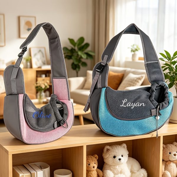 Custom Embroidered Pet Outing Shoulder Bag, Mesh Breathable Adjustable Shoulder Strap Cat and Dog Portable Carrier, Available in 5 Colors and 2 Sizes, Outdoor Pet Walking Bag, Cat and Dog Personal Carry Storage Bag, a Practical and Thoughtful Gift