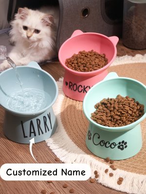 Customized Cute Cat And Dog Bowls, Personalized Plastic Dopamine-Colored Pet Bowls, Water Bowls for Pets, Slanted Pet Bowls for Neck Protection, a Great Gift for Pets