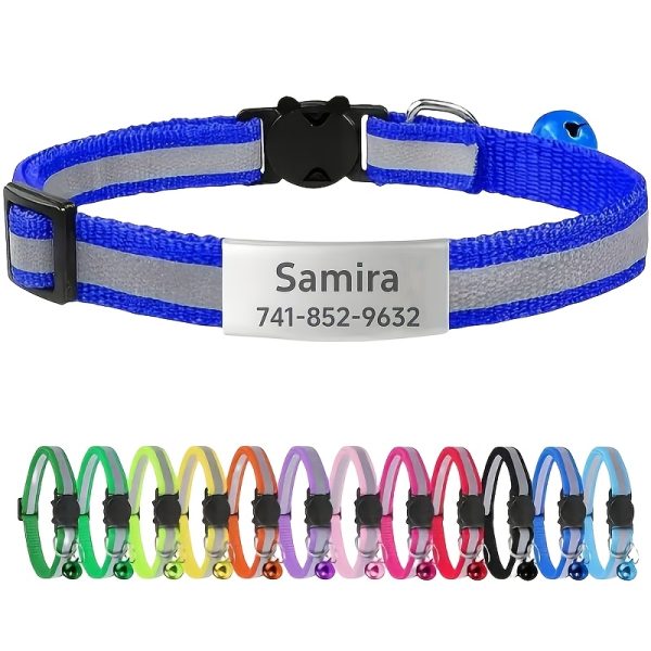 product-fancy-ab48dde4-08d5-426a-9c4f-0adde394d94e Custom Personalized Reflective Safety Cat Collar with Bell - Adjustable Kitten Buckle Collar, Custom Pet Name and Phone Number, Detachable Safety Buckle Cat Bell Collar