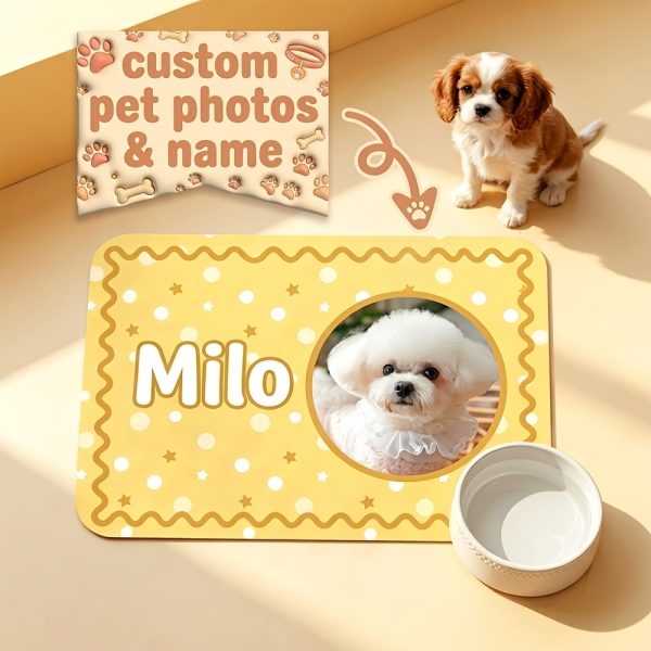 1pc Custom Pet Photo And Name Feeding Mat, Pet Bowl Placemat, Water Bowl Spill Mat, Crate Liner, Pet Daily Supplies, Indoor Pet Grooming Floor Mat, for Pet Owners, New Puppy Parents, New Pet Welcome Gift, Dog Birthday Present