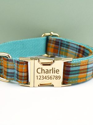 XINXIPETS Customized Plaid Dog Collar - Adjustable Metal Buckle, Personalized Name & Phone Engraving, Durable Polyester, Multi-Color Options for All Dog Sizes, Anti-Loss Safety Design, Dog Collar Personalized, Goldtoned Metal