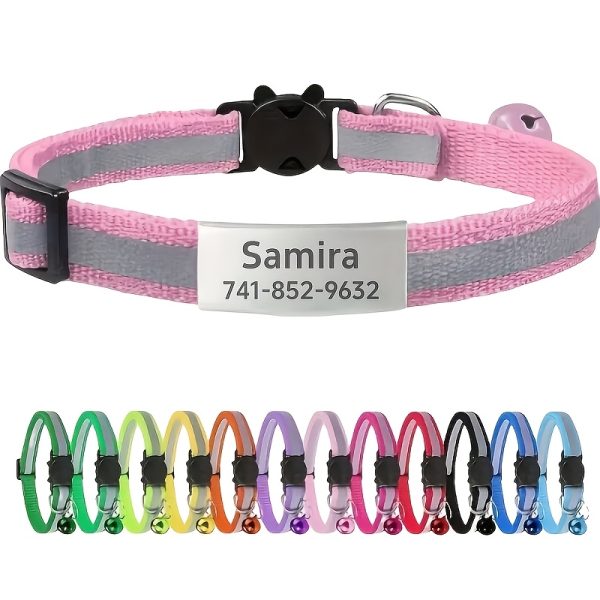 product-fancy-d16dedf7-0c69-4209-a177-77ba205ef0f1 Custom Personalized Reflective Safety Cat Collar with Bell - Adjustable Kitten Buckle Collar, Custom Pet Name and Phone Number, Detachable Safety Buckle Cat Bell Collar