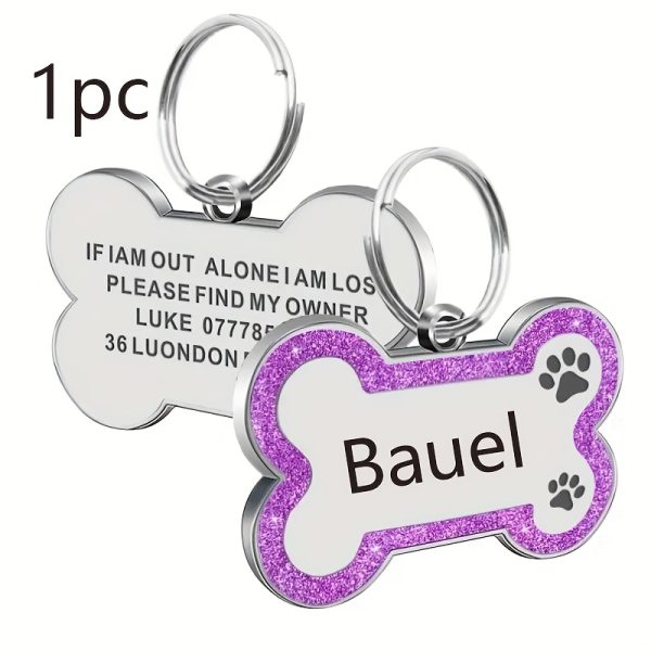 1pc Personalized Glitter Dog Tag - Custom Engraved Bone ID Tag with Name and Text, Pink Sparkle Surface, Paw Print Design, Perfect for Dog Collars & Leashes