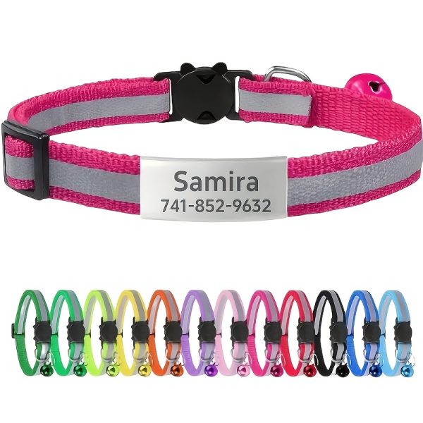 product-fancy-d8c9083b-8e99-4ff0-866e-d86350472a0e Custom Personalized Reflective Safety Cat Collar with Bell - Adjustable Kitten Buckle Collar, Custom Pet Name and Phone Number, Detachable Safety Buckle Cat Bell Collar