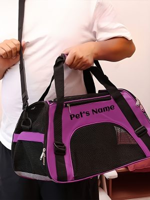 Personalized Embroidered Pet Name Portable Dog Backpack, Large Capacity Breathable Foldable Messenger Bag with Zipper Stretch Design-suitable for Most Small/medium/large Dogs and Cats, Purple/pink/black-size S/M/L