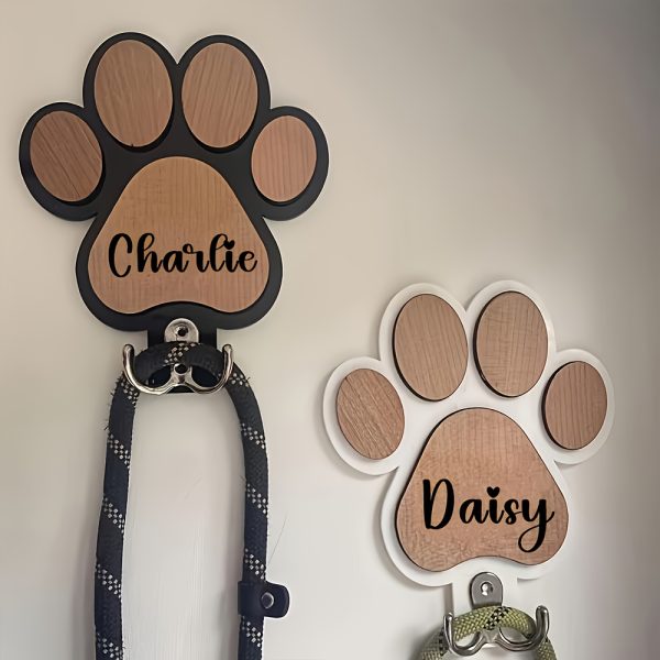 Personalized Dog Wall Hook | Paw Print - Custom Carved Name/Date/Text Suitable for Collar & Coat Hanger, Wood Pet Memorial Gift, Durable Hanging Hook for Coats, Collars, Keys - for Entryway,, Pet Store Display