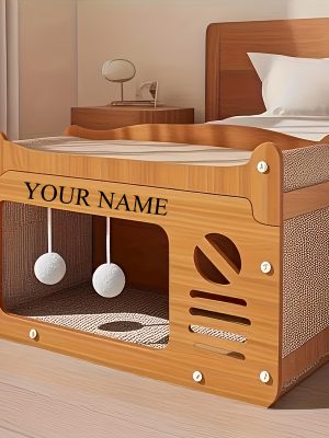 2-in-1 Cat Bed & Scratching Post - Large Summer Cooling Ventilated Cat House with Personalized Name Engraving, Durable No-Shed Material, Easy Assembly Wall-Mounted Space-Saving Design for Indoor Cats