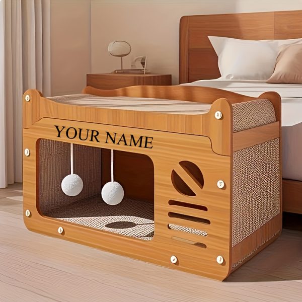2-in-1 Cat Bed & Scratching Post - Large Summer Cooling Ventilated Cat House with Personalized Name Engraving, Durable No-Shed Material, Easy Assembly Wall-Mounted Space-Saving Design for Indoor Cats