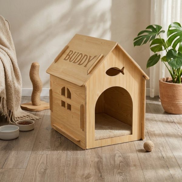 product-open-15424569b542406384edfbe3db96130e-goods Custom Engraved Pet Name Modular Assembled Wooden Indoor Cat House, Personalized Fish Cutout & Window Cozy Shelter, Rustic, Spacious Private Nest for Furry Friends, Unique Gift to Build Warm Exclusive Space for Beloved Cats