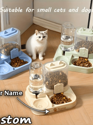 Automatic Gravity-Fed Cat & Dog Feeder and Water Dispenser Combo with Name/Text Personalization - Dual Wet/Dry & Water System, Auto Refill (No Batteries), -Spill, Suitable for Kittens and Puppies