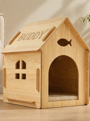 Custom Engraved Pet Name Modular Assembled Wooden Indoor Cat House, Personalized Fish Cutout & Window Cozy Shelter, Rustic, Spacious Private Nest for Furry Friends, Unique Gift to Build Warm Exclusive Space for Beloved Cats