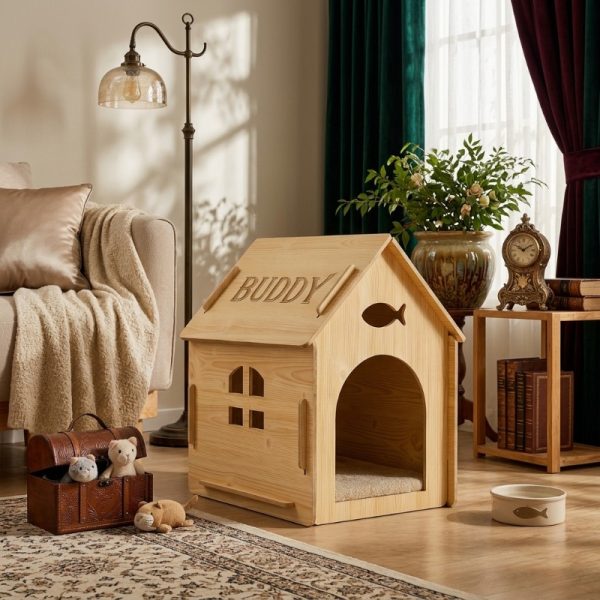 product-open-acafe32d5d9a4a58b7bb53e434191e04-goods Custom Engraved Pet Name Modular Assembled Wooden Indoor Cat House, Personalized Fish Cutout & Window Cozy Shelter, Rustic, Spacious Private Nest for Furry Friends, Unique Gift to Build Warm Exclusive Space for Beloved Cats