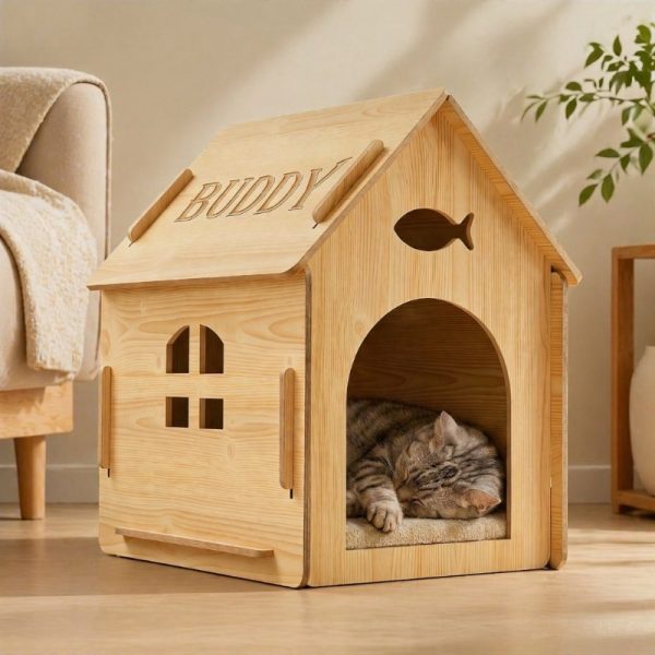 product-open-b7bf5525365946a4ada63644d47935f6-goods Custom Engraved Pet Name Modular Assembled Wooden Indoor Cat House, Personalized Fish Cutout & Window Cozy Shelter, Rustic, Spacious Private Nest for Furry Friends, Unique Gift to Build Warm Exclusive Space for Beloved Cats