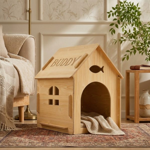 product-open-be7f99dd462848e089d02b170e54c049-goods Custom Engraved Pet Name Modular Assembled Wooden Indoor Cat House, Personalized Fish Cutout & Window Cozy Shelter, Rustic, Spacious Private Nest for Furry Friends, Unique Gift to Build Warm Exclusive Space for Beloved Cats