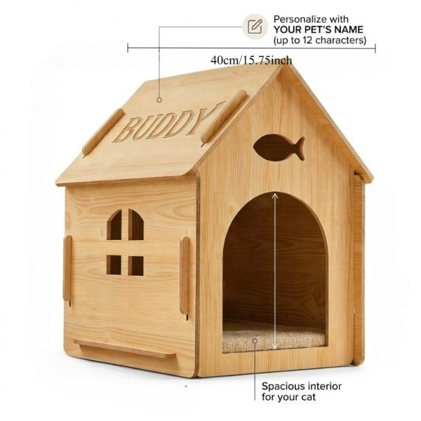 product-open-dad7f40e9dda49959b422910e05aa5d2-goods Custom Engraved Pet Name Modular Assembled Wooden Indoor Cat House, Personalized Fish Cutout & Window Cozy Shelter, Rustic, Spacious Private Nest for Furry Friends, Unique Gift to Build Warm Exclusive Space for Beloved Cats